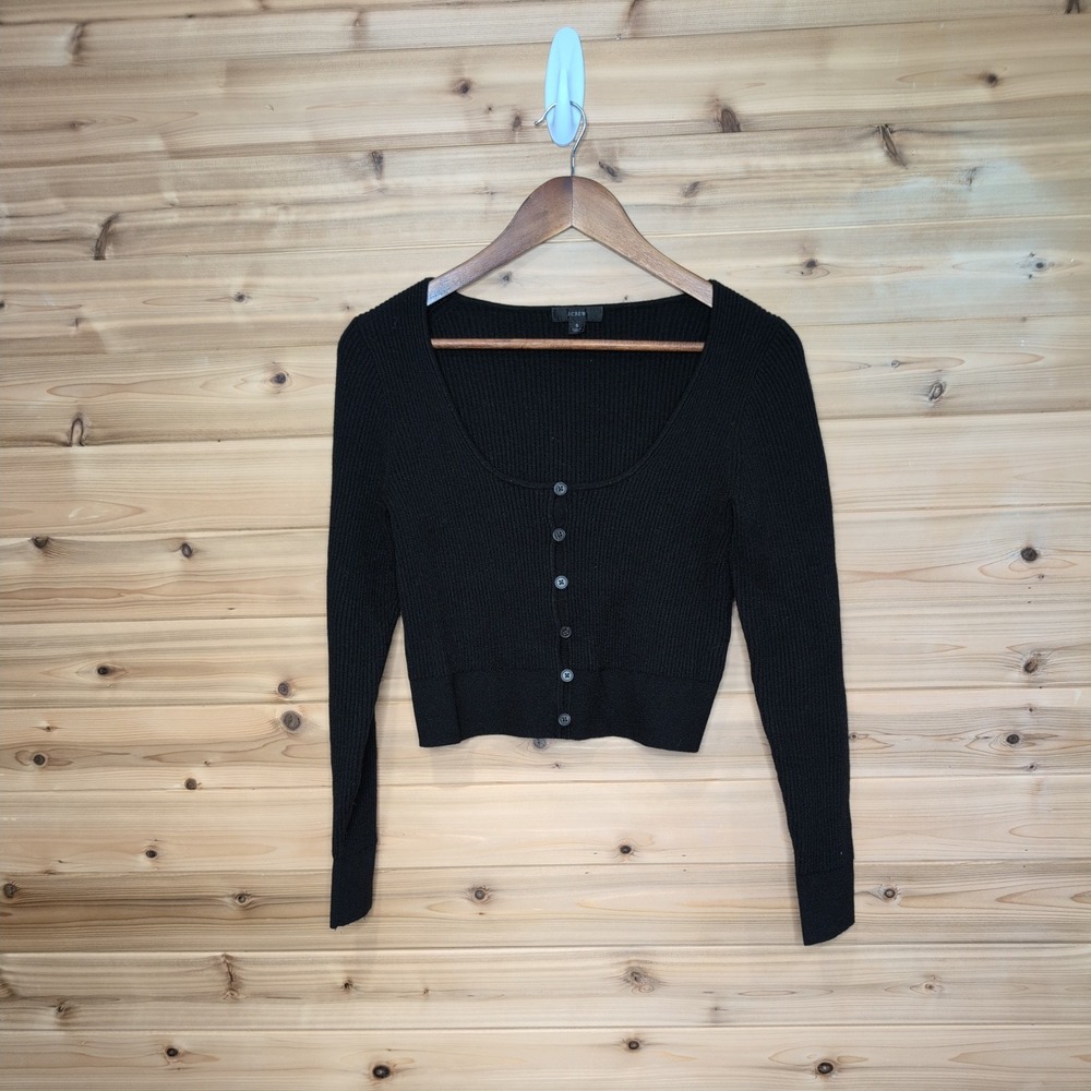 J.Crew Black Cropped Ribbed Scoop Neck Button Front BH465 Womens Small‎